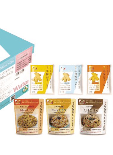 Cube-Completed 7年保存 3日分セット全種類画像(クッキー、水、レトルト食品、パン)